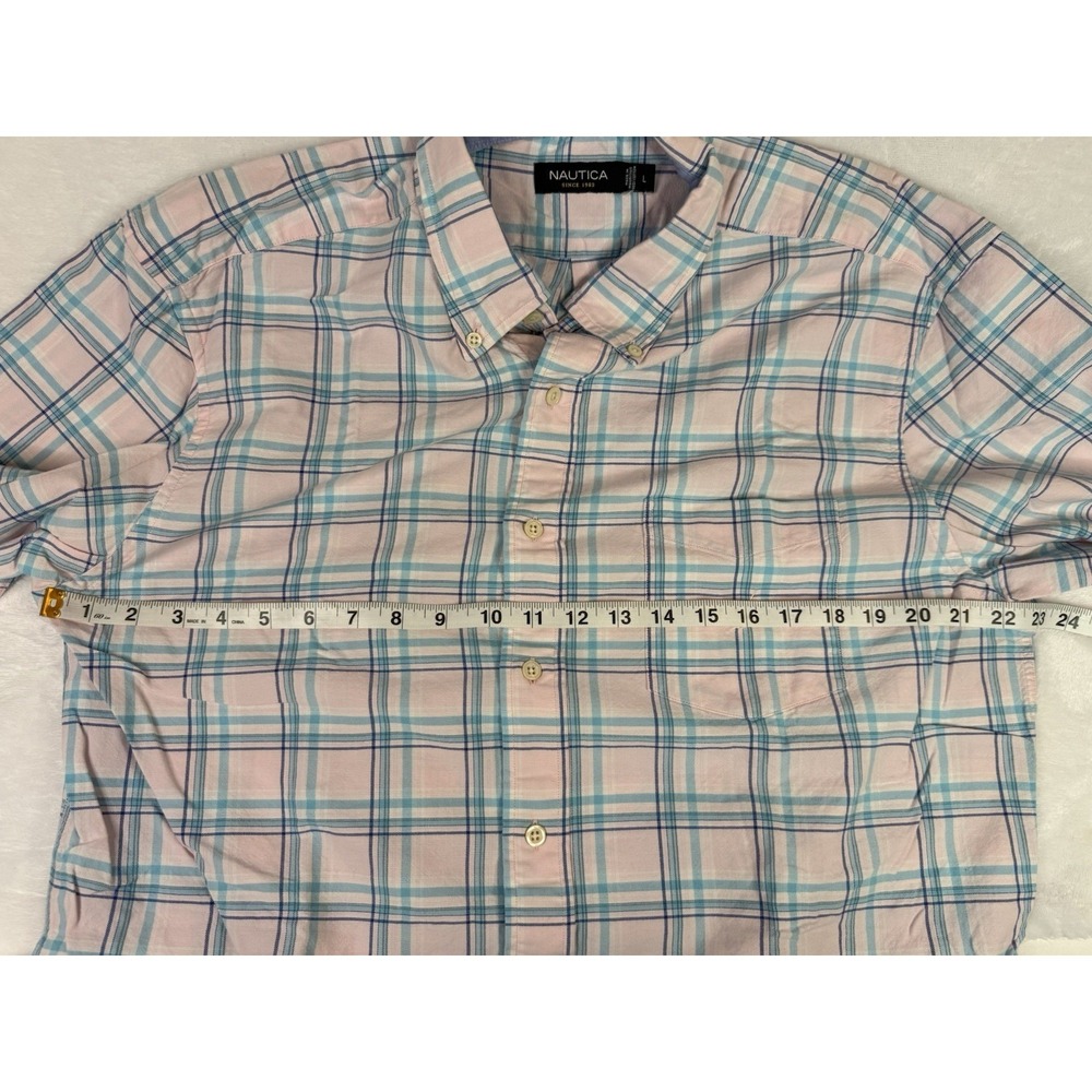 Nautica Plaid Button Down Shirt L Pink Blue Cotton Preppy Coastal Classic Casual - Picture 4 of 7